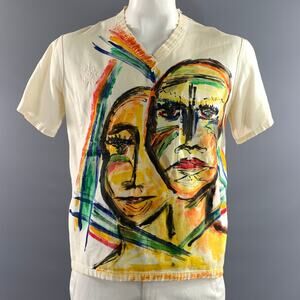 CUSTOM MADE Size L Cream Hand Painted Cotton V Neck T shirt